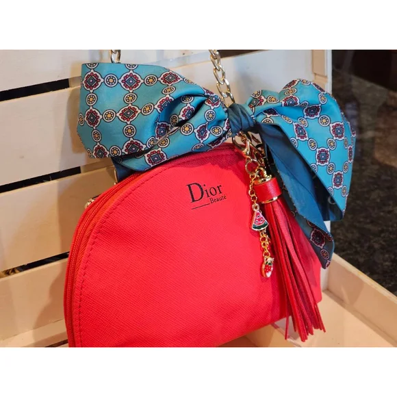 Christian Dior Red Clutch w/Crossbody Chain, Charms & Twilly Added NWOT + brush - Picture 9 of 13